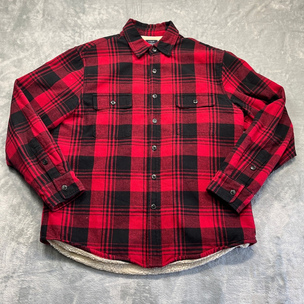 J.Crew Plaid Mens Sherpa Lined Flannel Shirt Jacket Large Red Black G7023